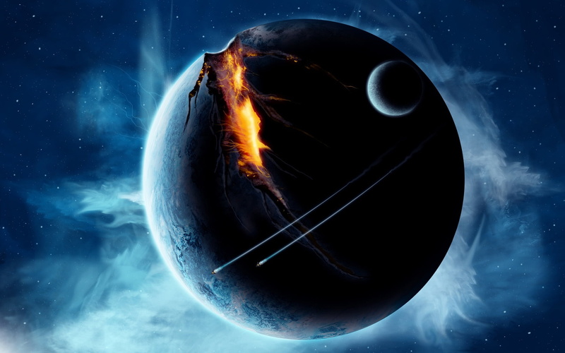 nature, digital composite, 1080P, heat - temperature, motion, planet, half moon, broken, cloud - sky, earth, burning, geometric shape, blue