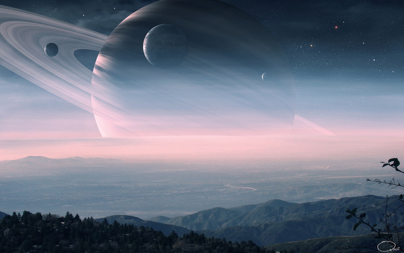 jupiter, beauty in nature, astronomy, mountain range, QAuZ, tranquil scene, haze, sky, space, landscape, nature, no people, planet, satellites, night, art