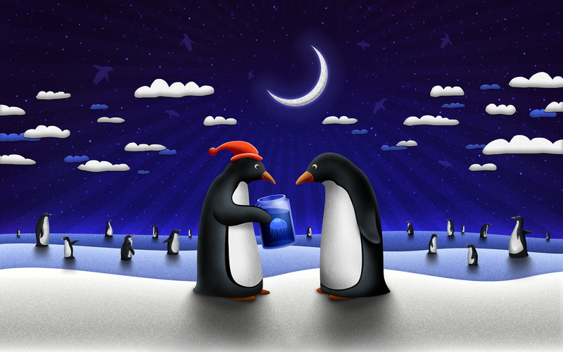 Clouds, Half moon, Winter, Santa hat, Penguins, 2K