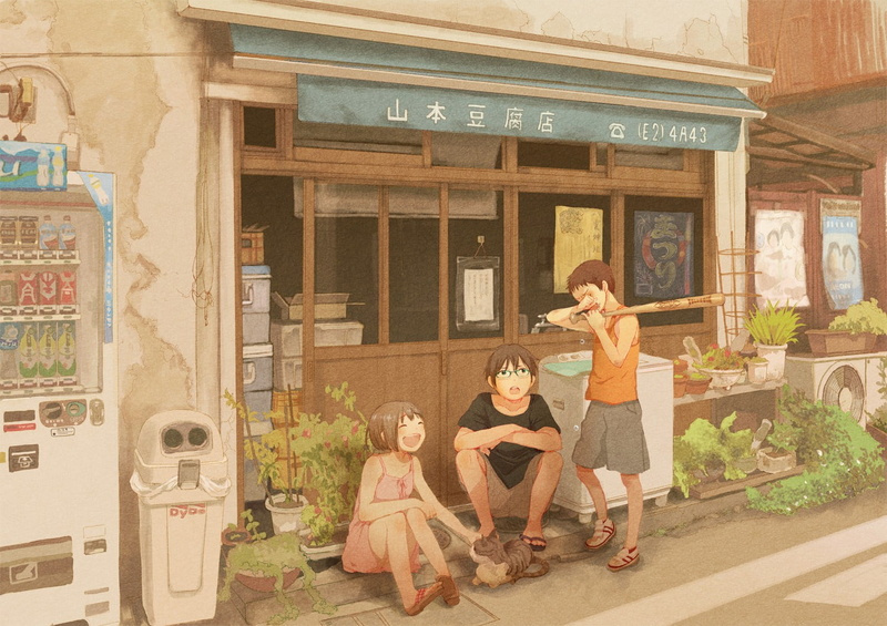 anime, building exterior, built structure, people, family, togetherness, girls, boys, landscape, playing, architecture, women, childhood, adult, child