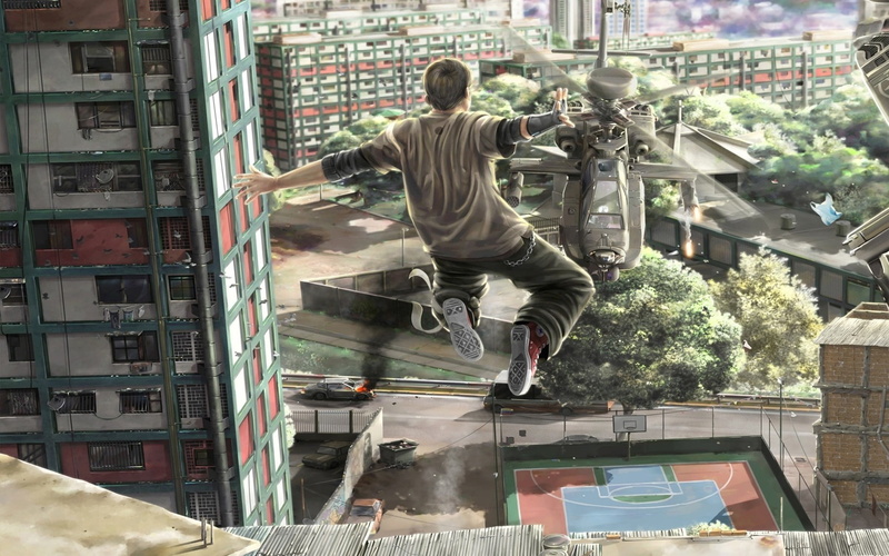 casual clothing, art and craft, skill, day, 1080P, motion, screenshot, real people, rear view, city, building exterior, game, architecture