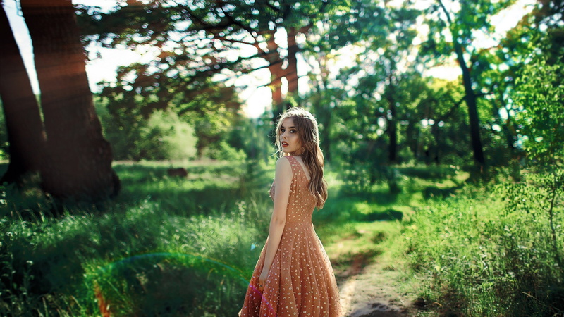 bokeh, solar flare, Denis Bukeev, portrait, women, 2K, red lipstick, women outdoors, trees, standing, dress, long hair, blue eyes, brunette