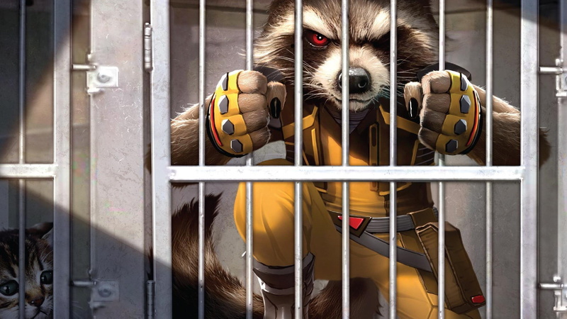 cat, Rocket Raccoon, fantasy, prison, comics, bars, artwork, Guardians of the Galaxy, 1080P, fantasy art