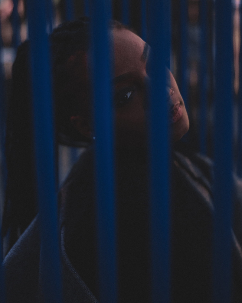portrait, law, indoors, window, steel bars, beautiful, punishment, one person, looking, 1080P, model, behind, prison, close-up, pose, elegant, concept
