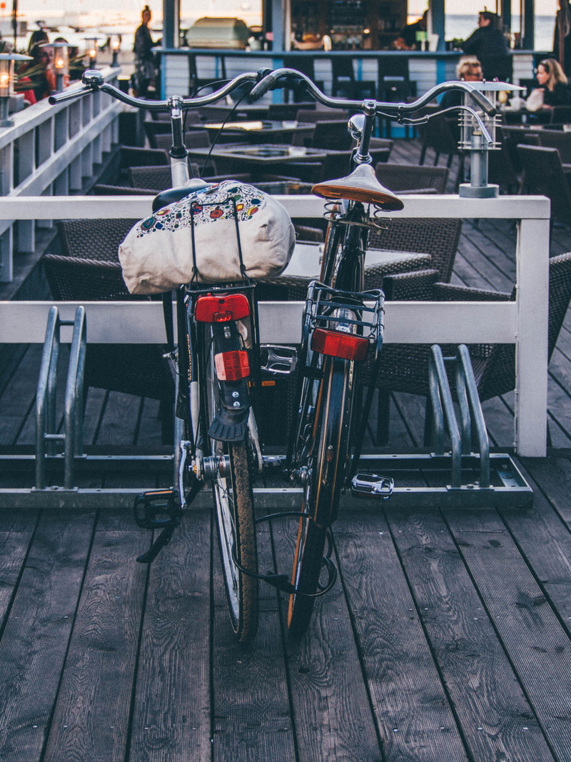 together, land vehicle, architecture, 4K, absence, parked, stationary, built structure, bicycles, transportation, footpath, railing, city, wooden flooring