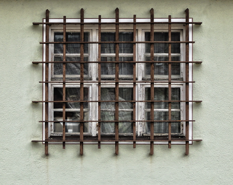 security bar, burglar alarm, day, old window, metal, large group of objects, facade, side by side, iron railings, 2K, cage, home, building exterior, wall - building feature