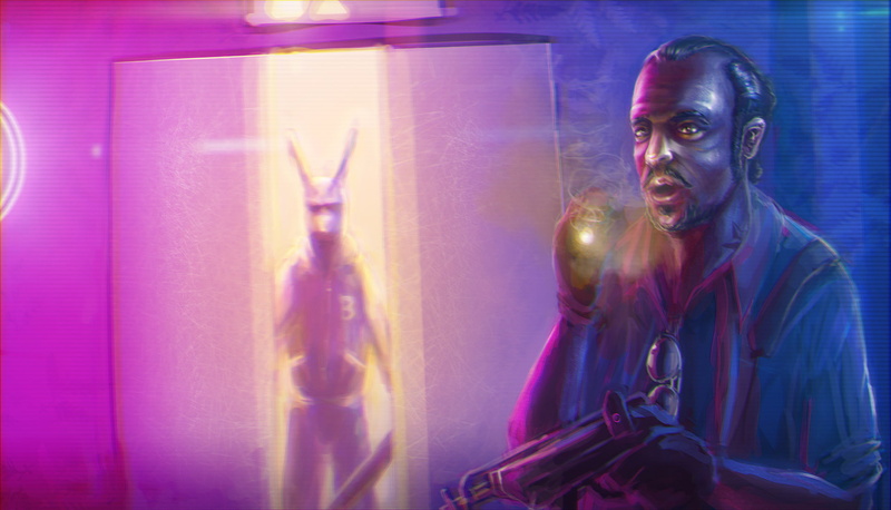 waist up, killer, men, purple, performance, mask, man, indoors, blurred motion, pipe, microphone, hotline miami, illustration, 1080P, the victim, input device