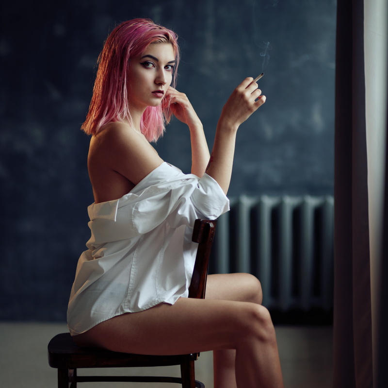 shoulder, look, chair, girl, pose, 2K, cigarette, Evgeny Bulatov, pink hair, Nastya, hand
