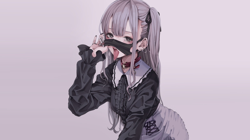 simple background, piercing, bangs, koh, mask, 5K, looking at viewer, long hair, original characters, tongue out