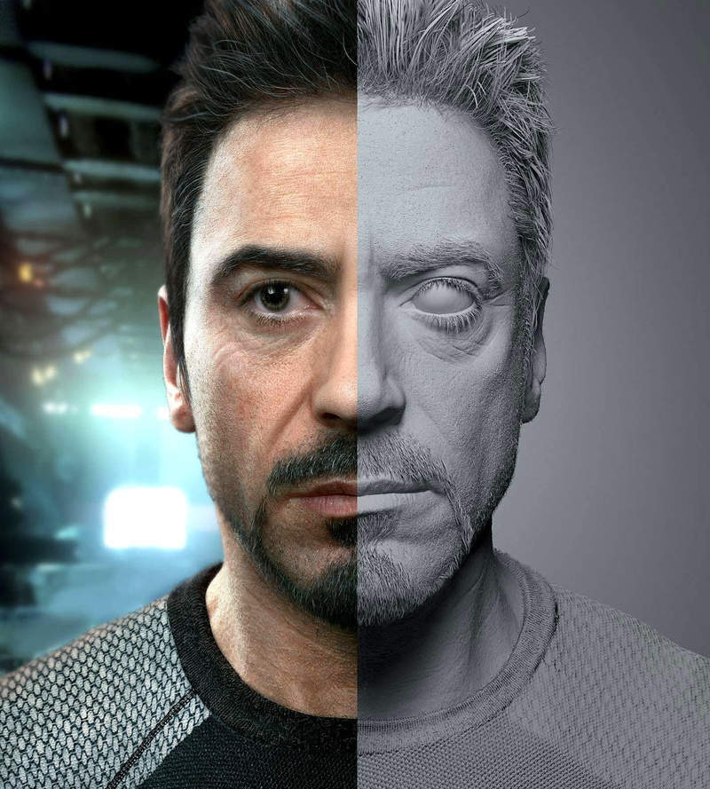 body part, front view, studio shot, portrait display, mid adult, face, Iron Man, human body part, one person, Robert Downey Jr., looking at camera, contemplation