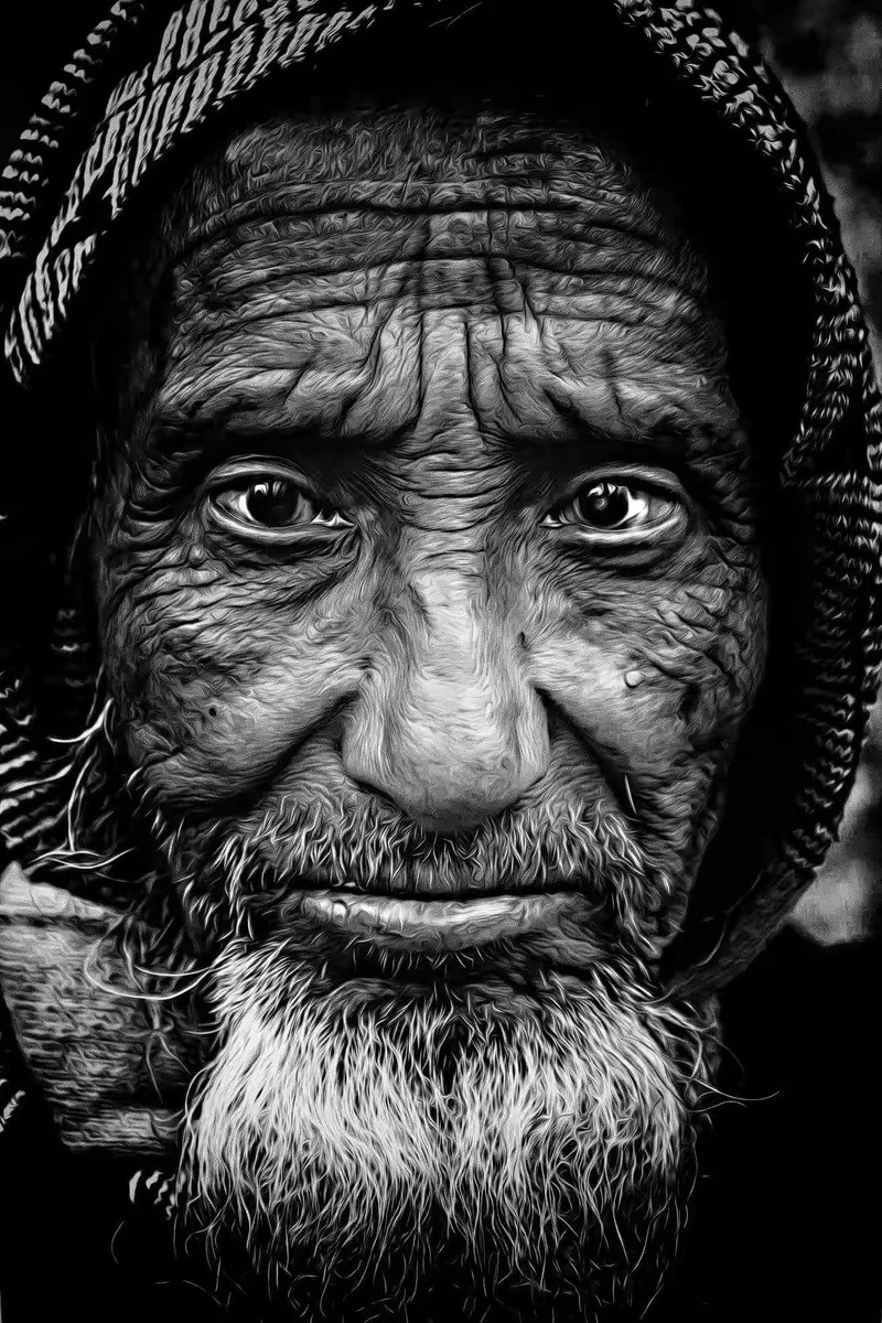 man, focus on foreground, looking at camera, grayscale, old, facial expression, day, front view, eye, photography, animal body part, face, 1080P, facial hair