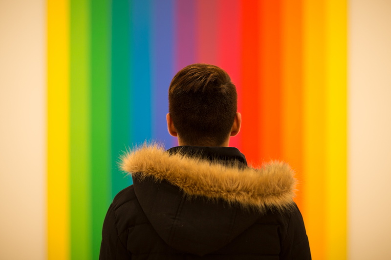 wearing, young adult, back, casual clothing, parka, rear view, human body part, fur, hairstyle, alone, studio shot, leisure activity, wall - building feature