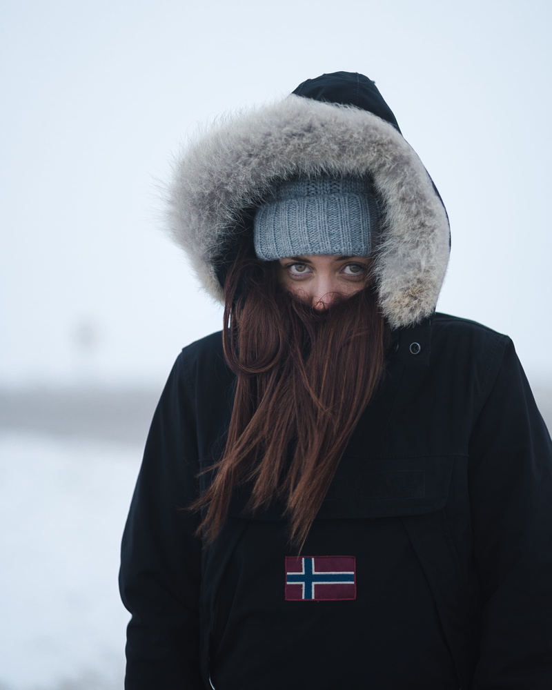 hoodie, snow, young women, warm clothing, winter, portrait, hood - clothing, hair, iceland, overcoat, front view, people, person, one person, beanie, leisure activity