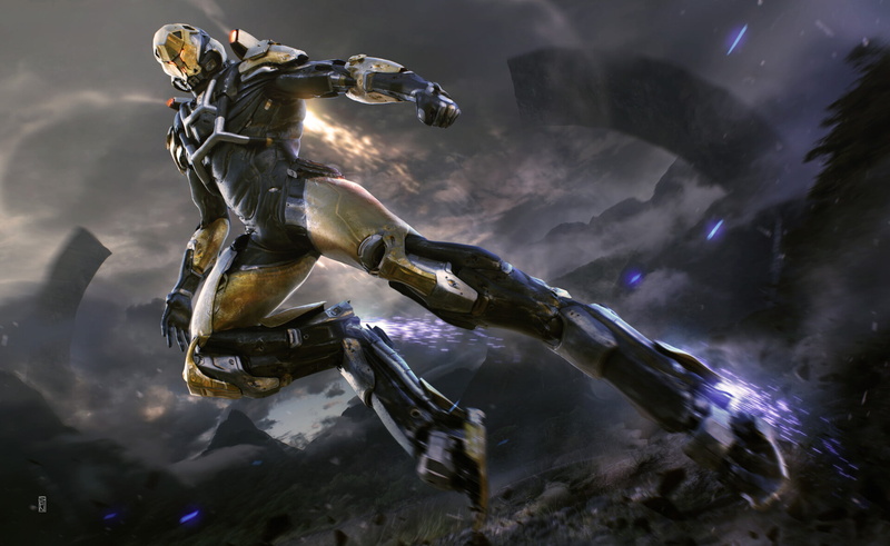 clouds, fan art, armor, CGI, digital art, video games, Anthem, ArtStation, mountains, futuristic, 1080P, science fiction, artwork, futuristic armor, Soufiane Idrassi