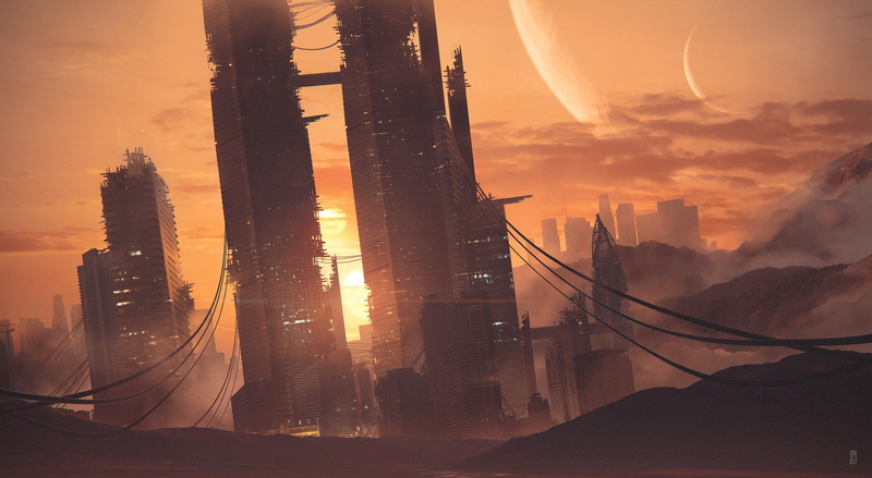 orange sky, ArtStation, artwork, futuristic, futuristic city, digital painting, Soufiane Idrassi, 4K, digital art