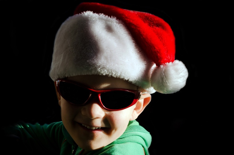 holiday, portrait, glasses, boys, december, men, modern, hat, red, smiling, young, childhood, santa, tradition, son, smile, headshot, front view, people