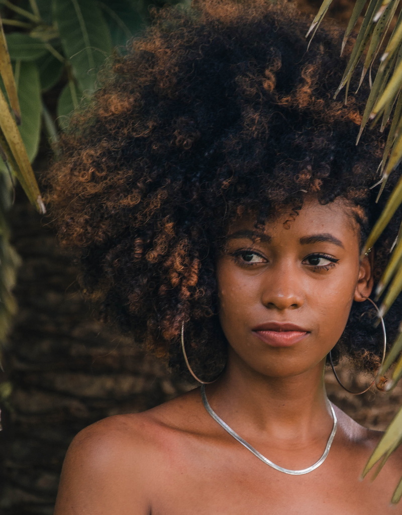 afro, headshot, focus on foreground, contemplation, curly, jewelry, facial expression, looking, necklace, woman, girl, beauty, wearing, beautiful woman