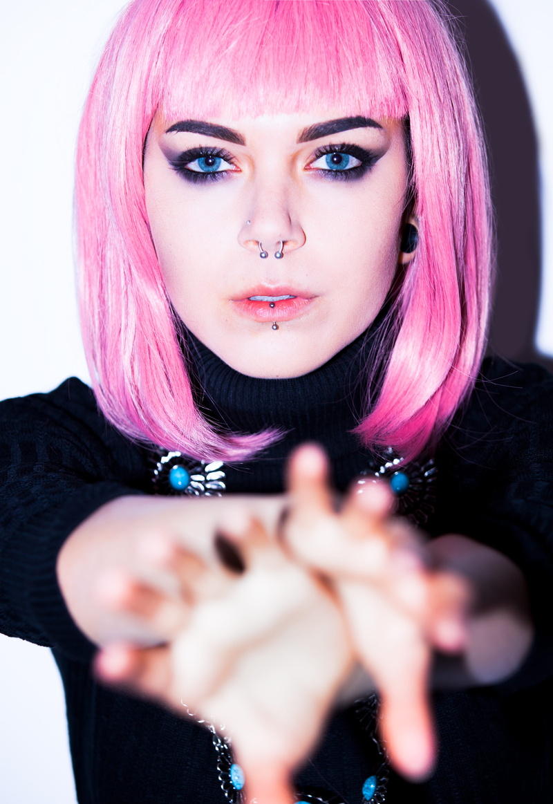 pink, black, women, indoors, hairdo, piercings, beautiful woman, stylish, nose, haired, pretty, wearing, young women, headshot, lip, close-up, young adult