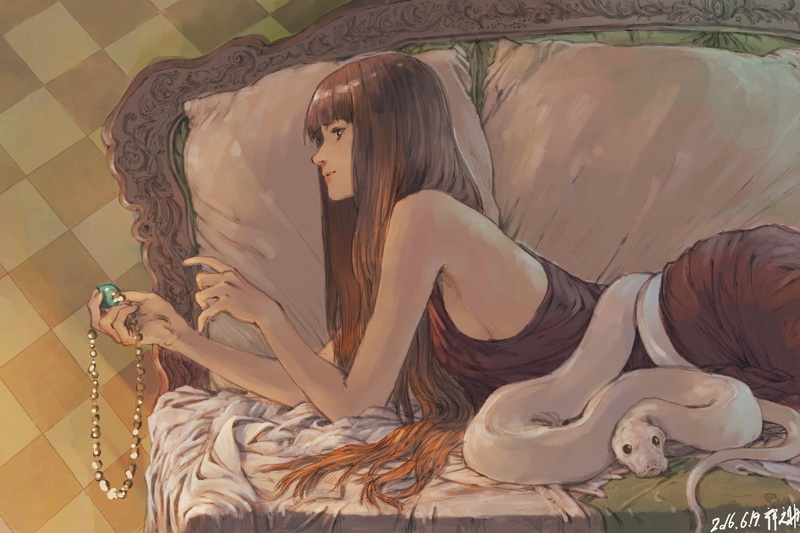 brunette, reptile, anime, 2K, profile, anime girls, long hair, side view, snake, face, indoors, animals