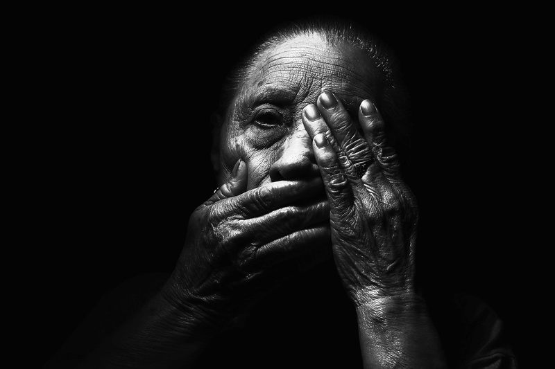 only men, sadness, hands, face, light, human body part, old, grayscale, model, fear, woman, one person, portrait, contemplation, senior adult, adults only