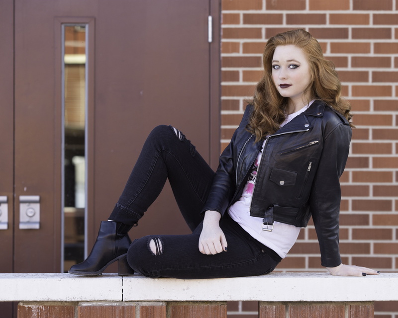 young women, senior photography, blond hair, adult, lifestyles, railing, sitting, leather jacket, hairstyle, 4K, leather, red head, outside, model, portrait