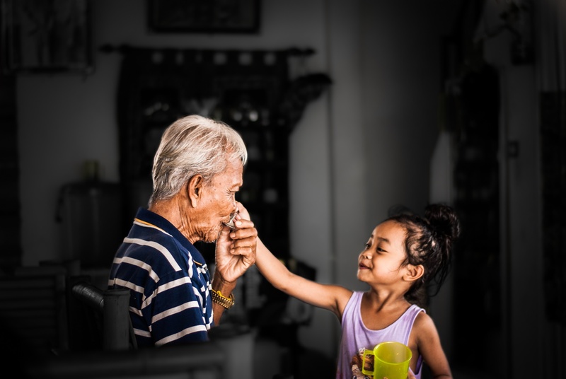 senior women, grandchild, two people, family, girl, smiling, daughter, child, man, indoors, hand, selective, love, care, kissing, happiness, togetherness