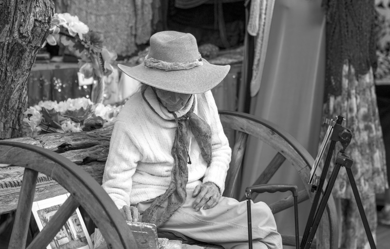 painter, grandparent, nature, hat, sun hat, outdoors, transportation, bicycle, painting, artistic, women, plant, lifestyles, blackandwhite, one person