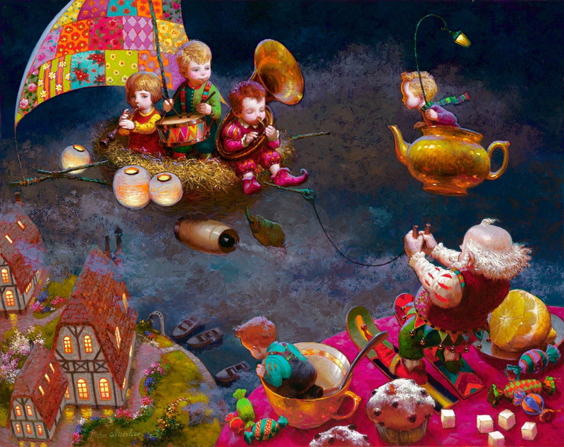 copil, grandfather, Grandfathers tales, pink, victor nizovtsev, luminos, fantasy, children, teapot, art, 1080P