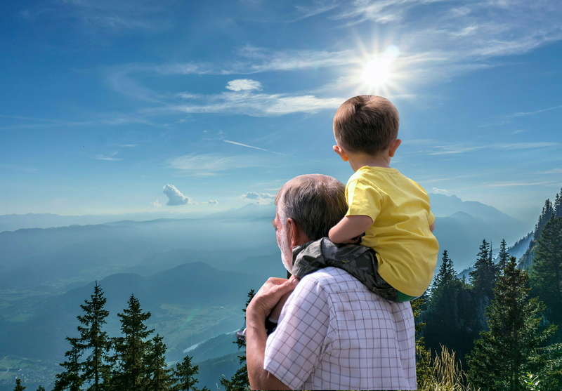 mountain range, sky, 5K, journey, childhood, grandfather, father, cliff, real people, son, child, bonding, together, boys, mature men, happy, landscape