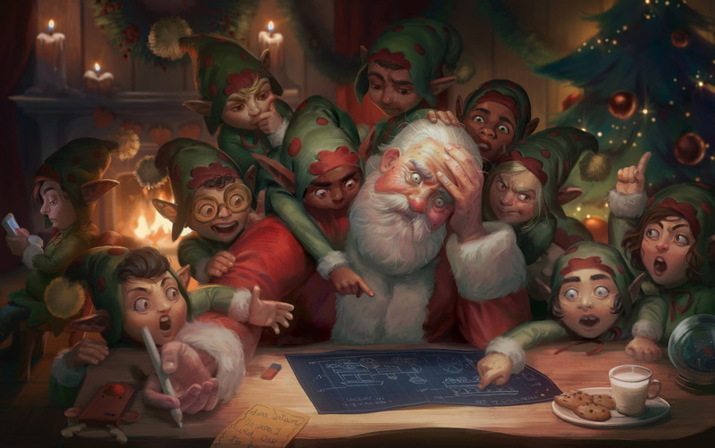 Giselle Almeida, 1080P, Santa Claus, plan, elves, art, herringbone, drawing, Illustration, Dear Satan: Merry Christmas and Happy New Year, fireplace