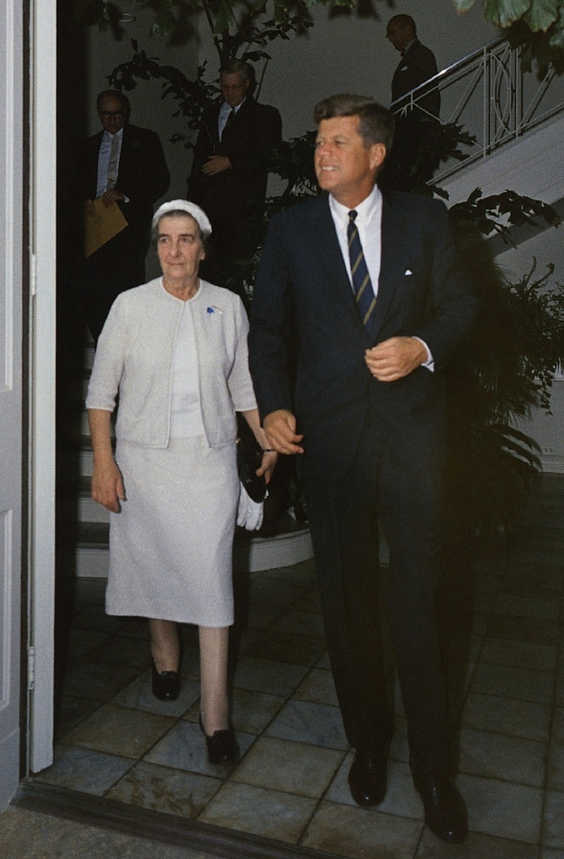 front view, males, jack kennedy, adult, mature men, politician, israel iron lady, 1080P, two people, looking at camera, well-dressed, golda meir, couple - relationship