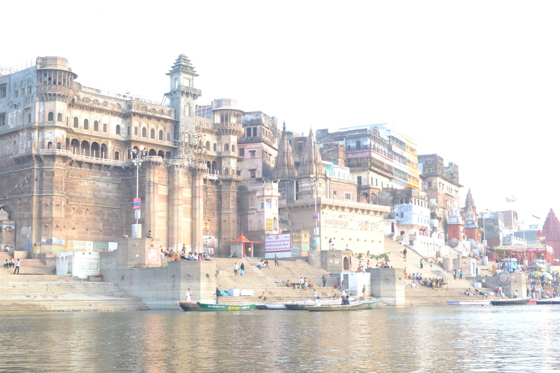 copy space, outdoors, river, built structure, city, mode of transportation, religion, building, residential district, nature, day, sky, india, nautical vessel