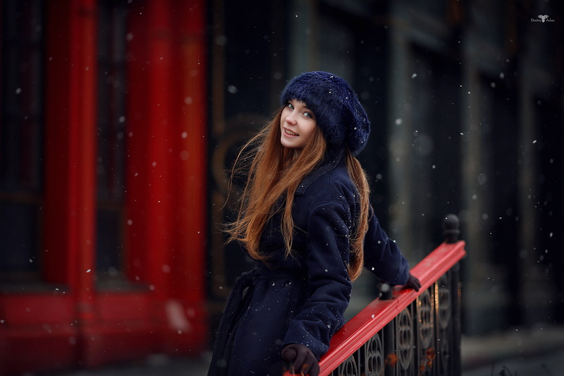 Russian Model, model, redhead, Dmitry Arhar, coats, women, Russian women, blue coat, depth of field, snow, looking at viewer, fur cap, smiling, hat, back