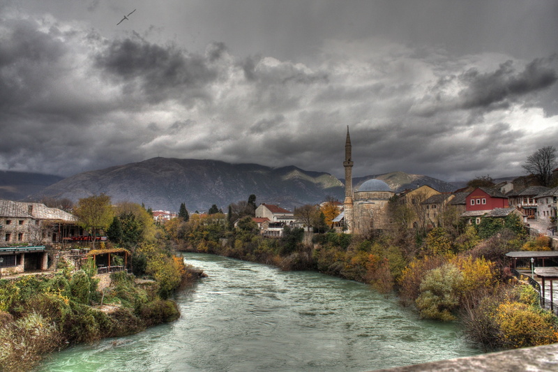 storm, city, river, clouds, outdoors, building, residential district, tree, no people, architecture, mountain, house, storm cloud, water, nature, brown