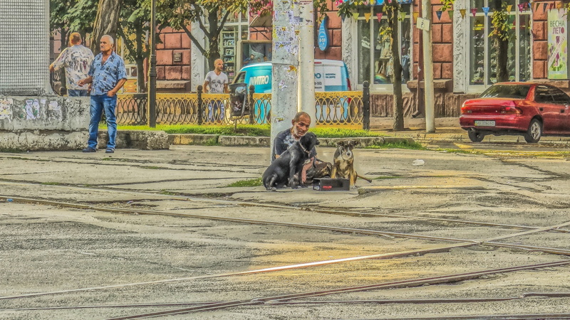 rails, men, outdoors, mammal, tramp, leisure activity, full length, domestic animals, real people, transportation, pet owner, domestic, vertebrate, people