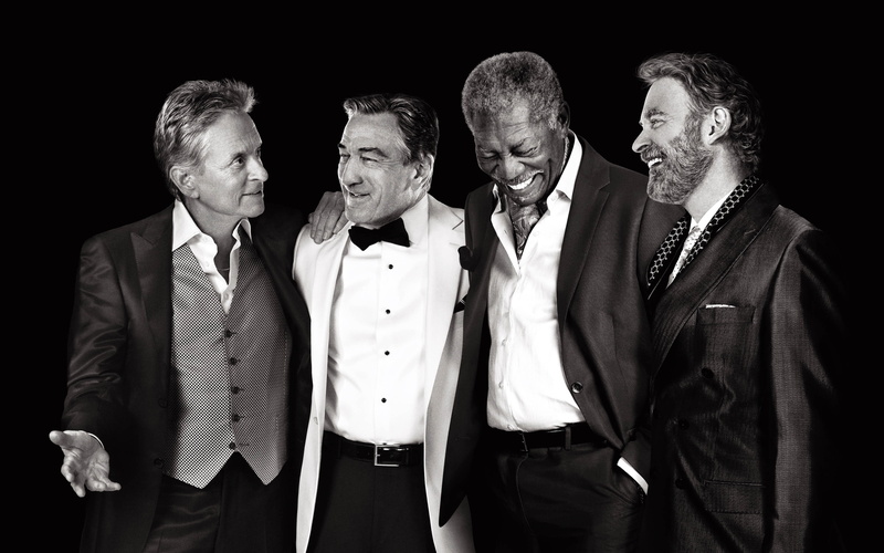 Kevin Kline, 2K, poster, Robert De Niro, Michael Douglas, black background, joy, celebrity, Morgan Freeman, costumes, Last Vegas, four, laughter, black and white
