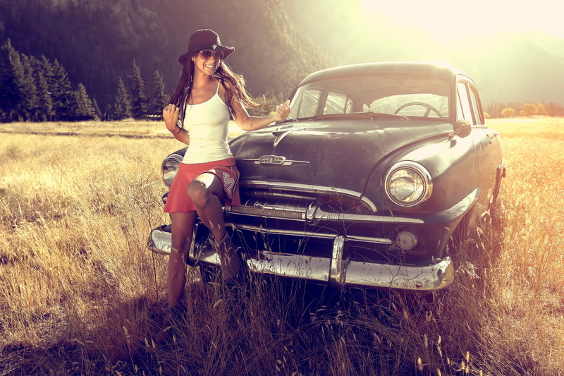 sunlight, 1080P, fashion, young adult, transportation, retro styled, On the road, motor vehicle, machine, white, strap, car, adult, field, nature, skirt