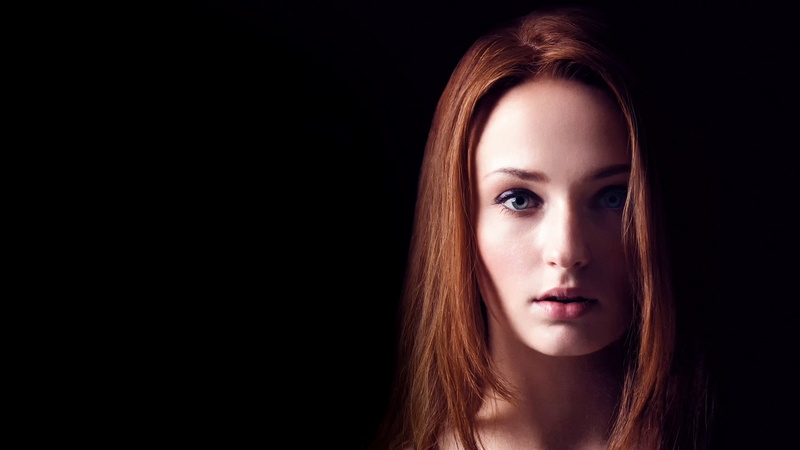 sophie turner, fashion, hair, copy space, dark, 1080P, hairstyle, girls, human face, brown hair, women, game of thrones, celebrities, black background