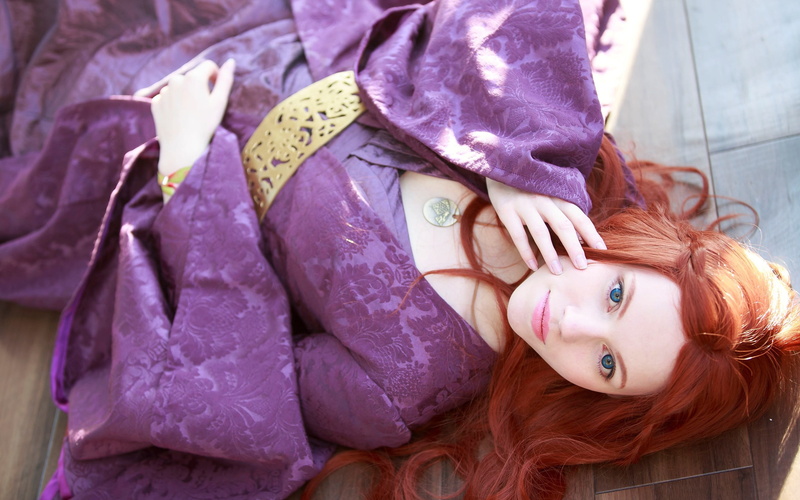 front view, fashion, portrait, beautiful woman, cosplay, adult, hairstyle, clothing, long hair, beauty, headshot, purple, wooden surface, on the floor