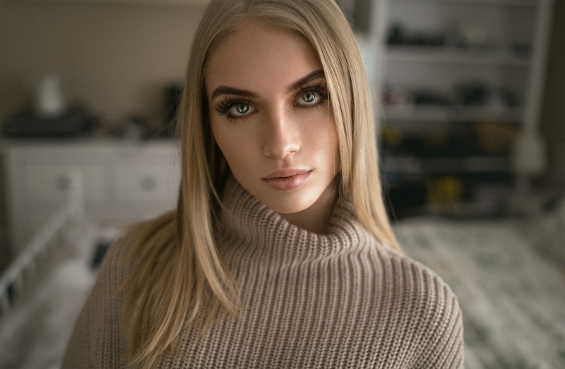 straight hair, face, women, white sweater, bed, depth of field, blonde, George Dutch, Skyler Dawngagne, portrait, turtlenecks, 1080P
