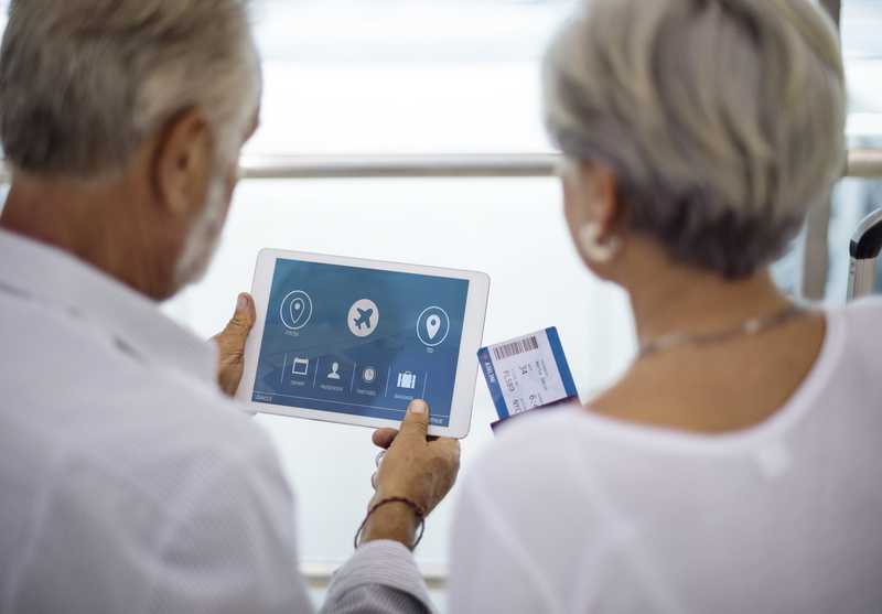 blur, 4K, women, transportation, photo, man, doctor, explaining, technology, plane, elderly, holding, rear view, discussion, transportation system, care