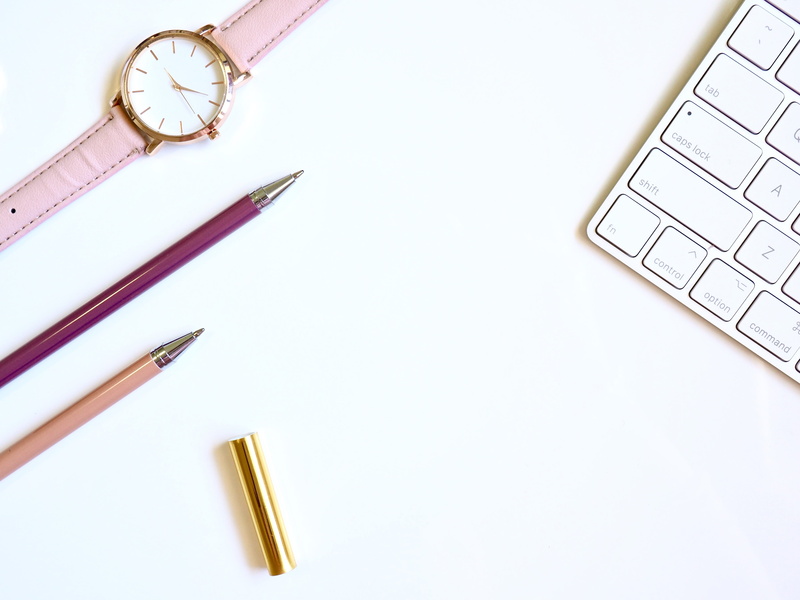 clock, antique, still life, high angle view, notebook, pink, business, office, white background, create, studio shot, keyboard, watch, self care, desktop