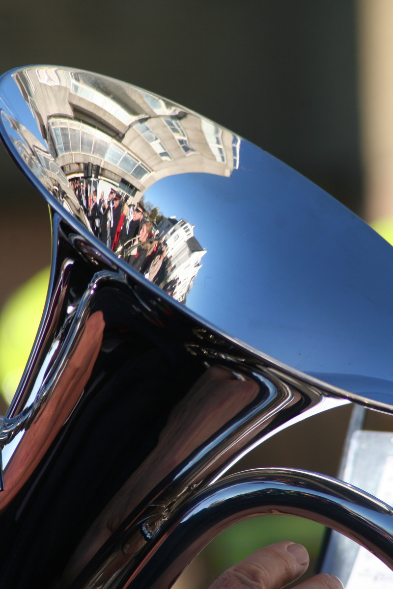 sky, silver colored, glass - material, instrument, land vehicle, 2K, brass, crowd, day, low angle view, close-up, transportation, architecture, metal