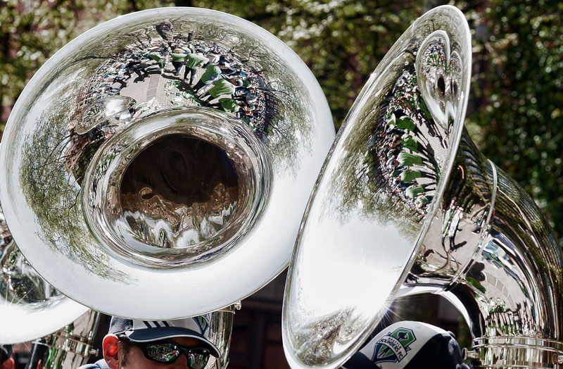 sounders, still life, circle, men, silver - metal, music, brass instrument, reflections, seattle, trombones, reflection, steel, two, no people, plant, marching