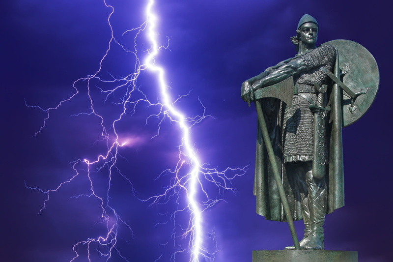 outdoors, discharge, blue, human representation, 1080P, ominous, lightning, representation, flash, sculpture, architecture, strike, monument, nature, art