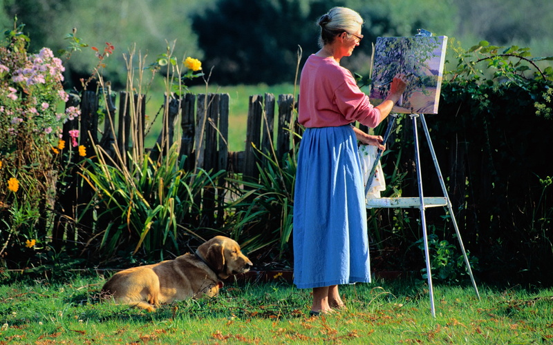 men, green Color, males, summer, field, shirt, plant, people, full length, canvas, canine, pets, flower, leisure, skirt, gardening, dog, elderly, painter