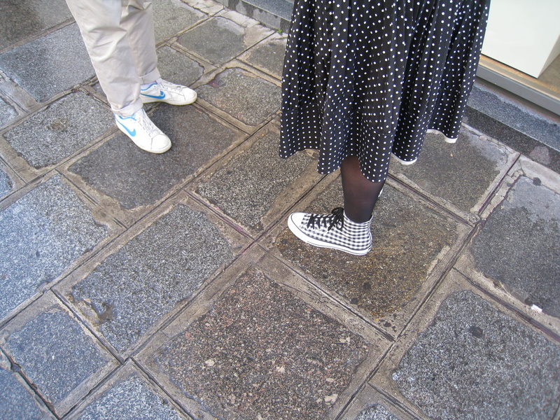 polka dot, human body part, human limb, tiled floor, shows, gingham, standing, women, adult, france, people, shoe, low section, street, human leg, lifestyles