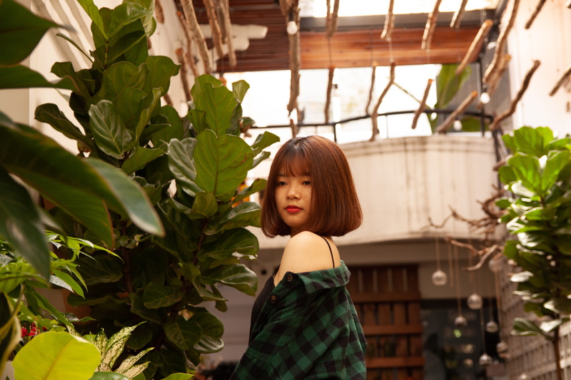 4K, leaf, women, contemplation, nature, beauty, standing, garden, hairstyle, young women, leisure activity, plant, beautiful woman, shirt, portrait, side view