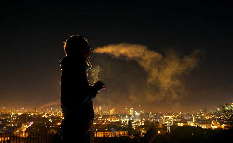 Night, contemplation, architecture, building exterior, city, building, Urban, man, standing, skyscraper, built structure, outdoors, firework, Artistic