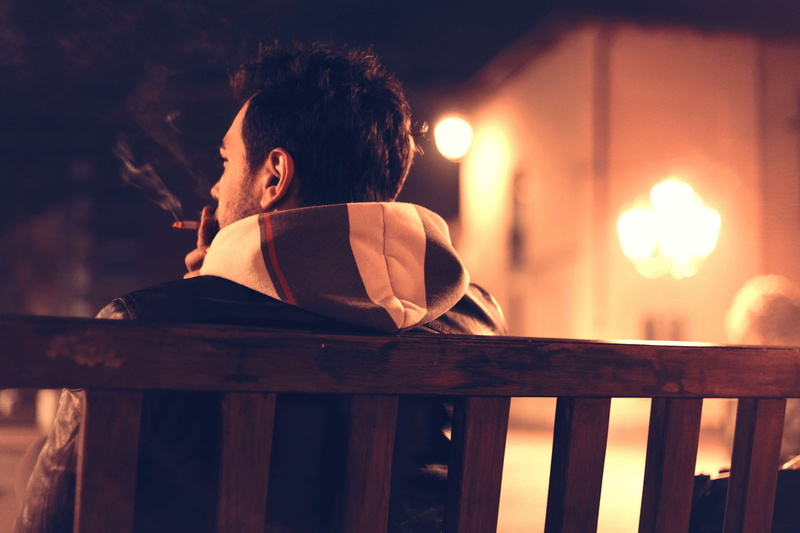 cigarette, adult, lifestyles, lonely, emotion, smoking, smoke, solitary, smoker, depression - sadness, men, person, bench, illuminated, headshot, man, nature